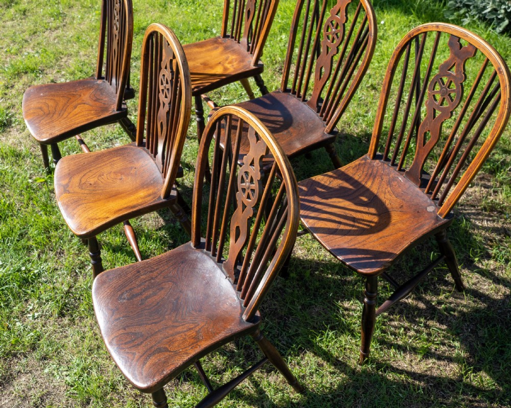 Early C19th Set of 6 Windsor Wheelback Elm & Ash Country Dining Chairs View VIII