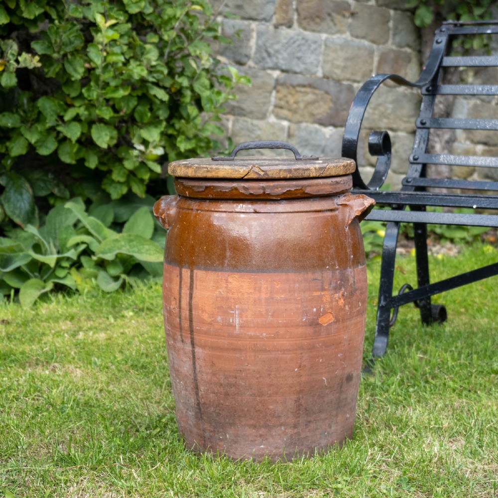 A C19th Rustic Large Earthenware Storage Jar / Bread Crock with Lid View II