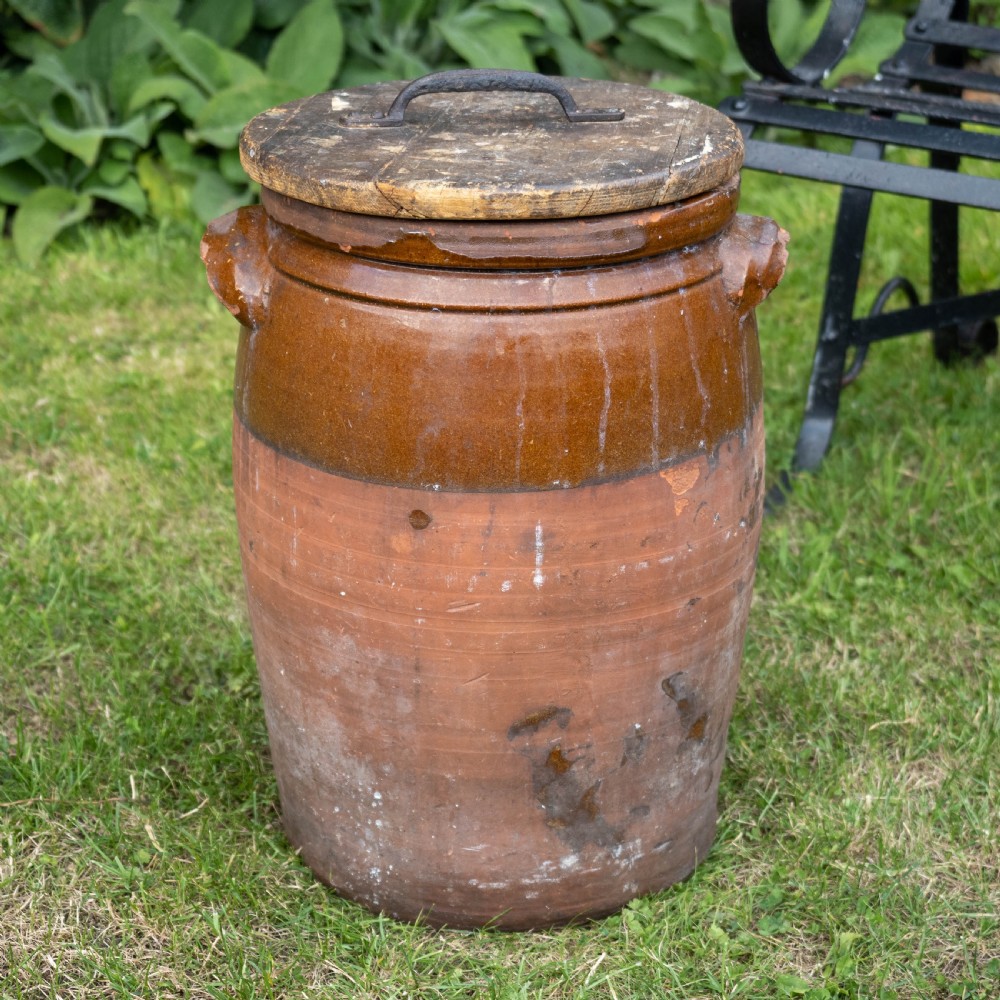 A C19th Rustic Large Earthenware Storage Jar / Bread Crock with Lid View IV