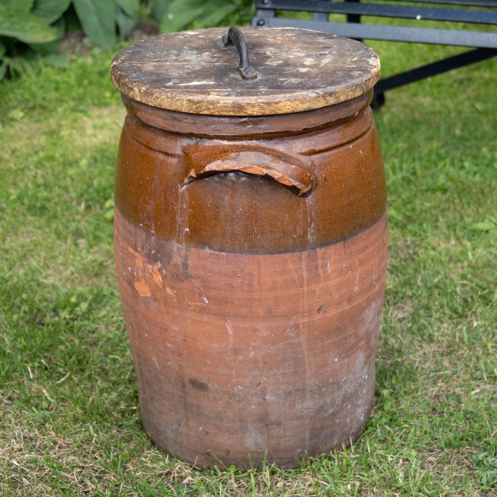 A C19th Rustic Large Earthenware Storage Jar / Bread Crock with Lid View V
