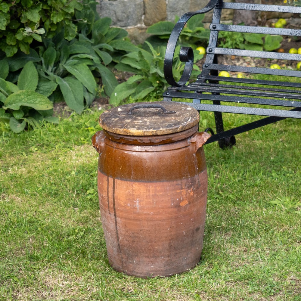 A C19th Rustic Large Earthenware Storage Jar / Bread Crock with Lid View VI