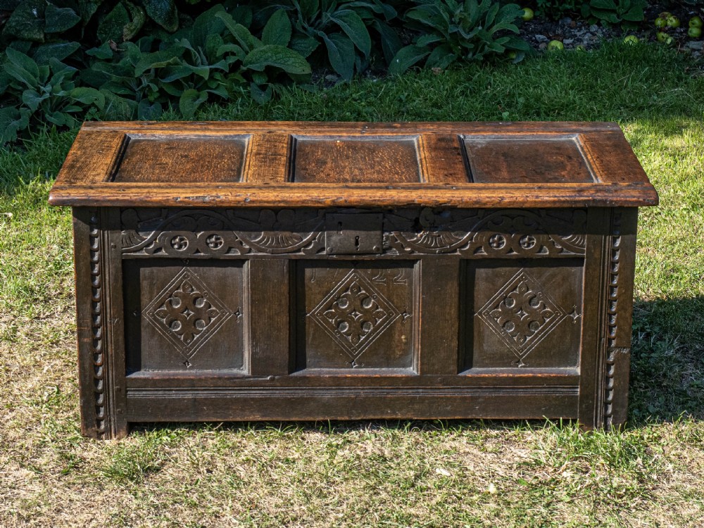 Yorkshire Small Carved Oak Panelled Coffer Dated 1722