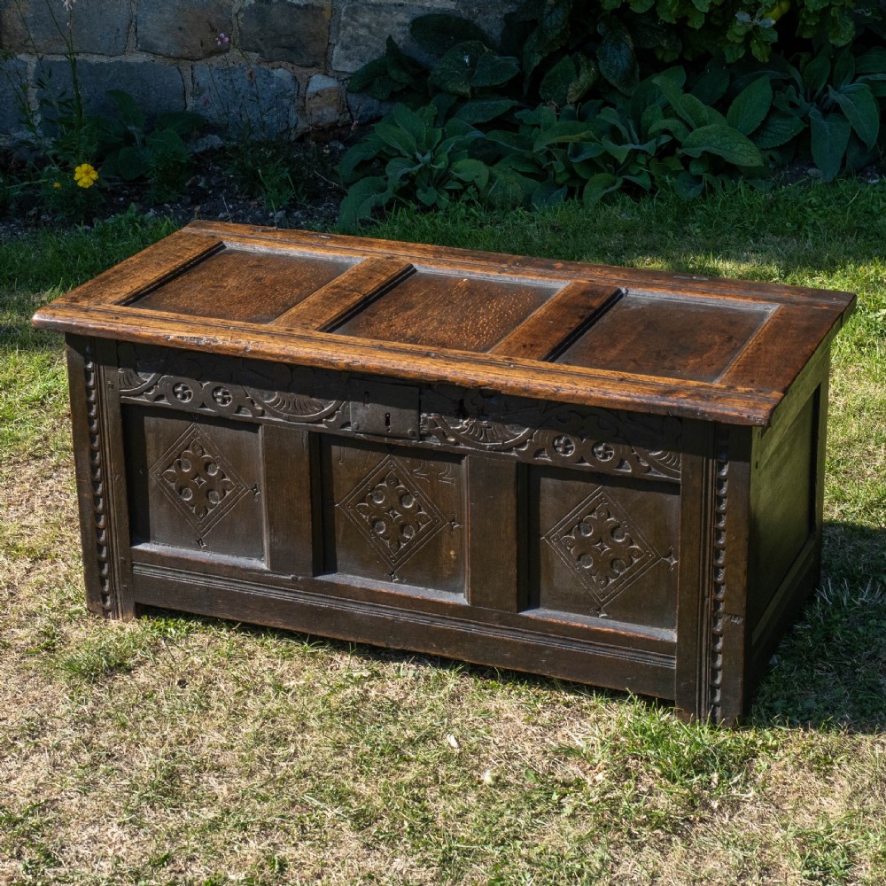 Yorkshire Small Carved Oak Panelled Coffer Dated 1722 View II
