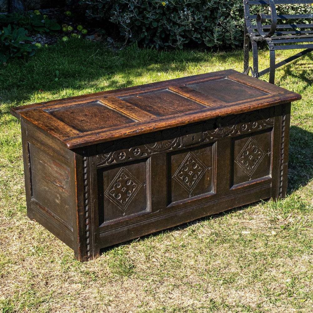 Yorkshire Small Carved Oak Panelled Coffer Dated 1722 View III