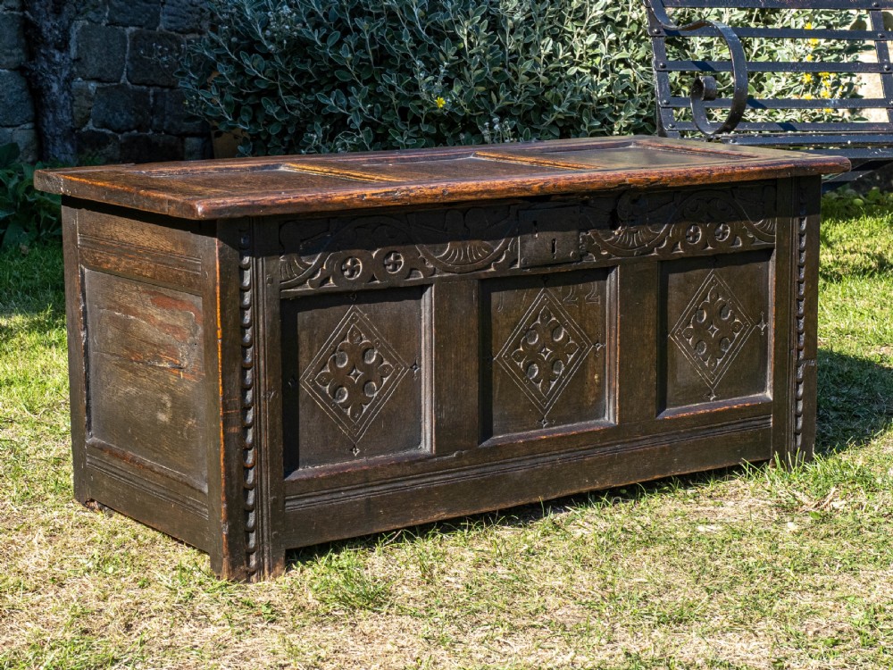 Yorkshire Small Carved Oak Panelled Coffer Dated 1722 View IV