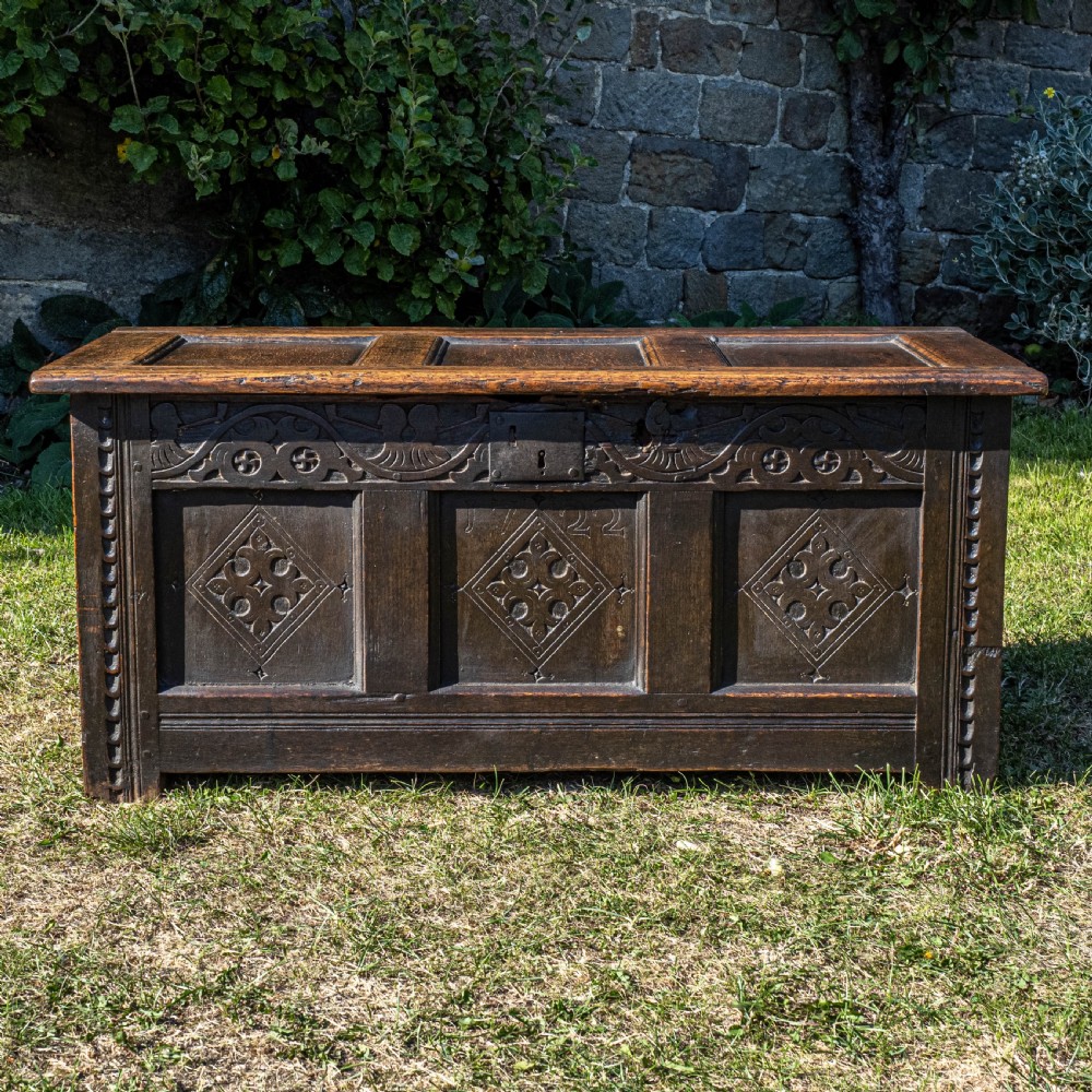 Yorkshire Small Carved Oak Panelled Coffer Dated 1722 View V