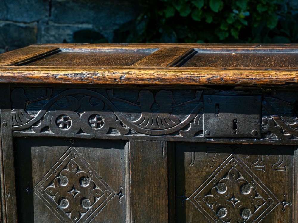 Yorkshire Small Carved Oak Panelled Coffer Dated 1722 View VII