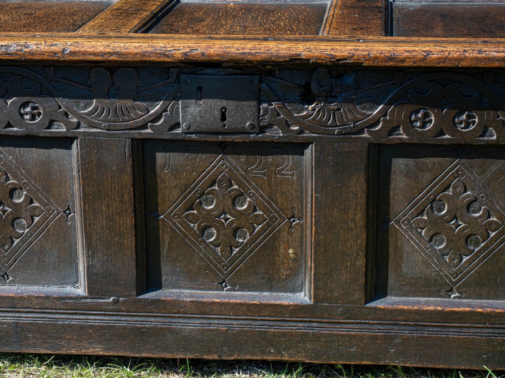 Yorkshire Small Carved Oak Panelled Coffer Dated 1722 View VIII