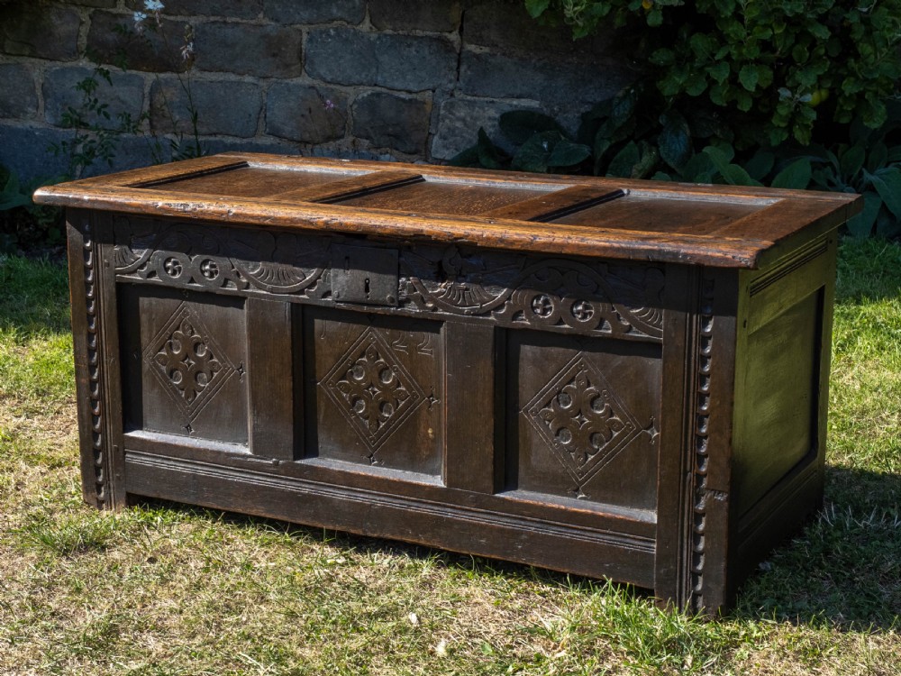 Yorkshire Small Carved Oak Panelled Coffer Dated 1722 View IX