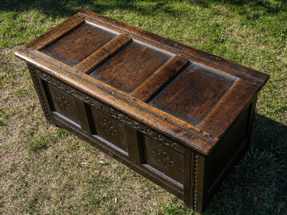 Yorkshire Small Carved Oak Panelled Coffer Dated 1722 View X