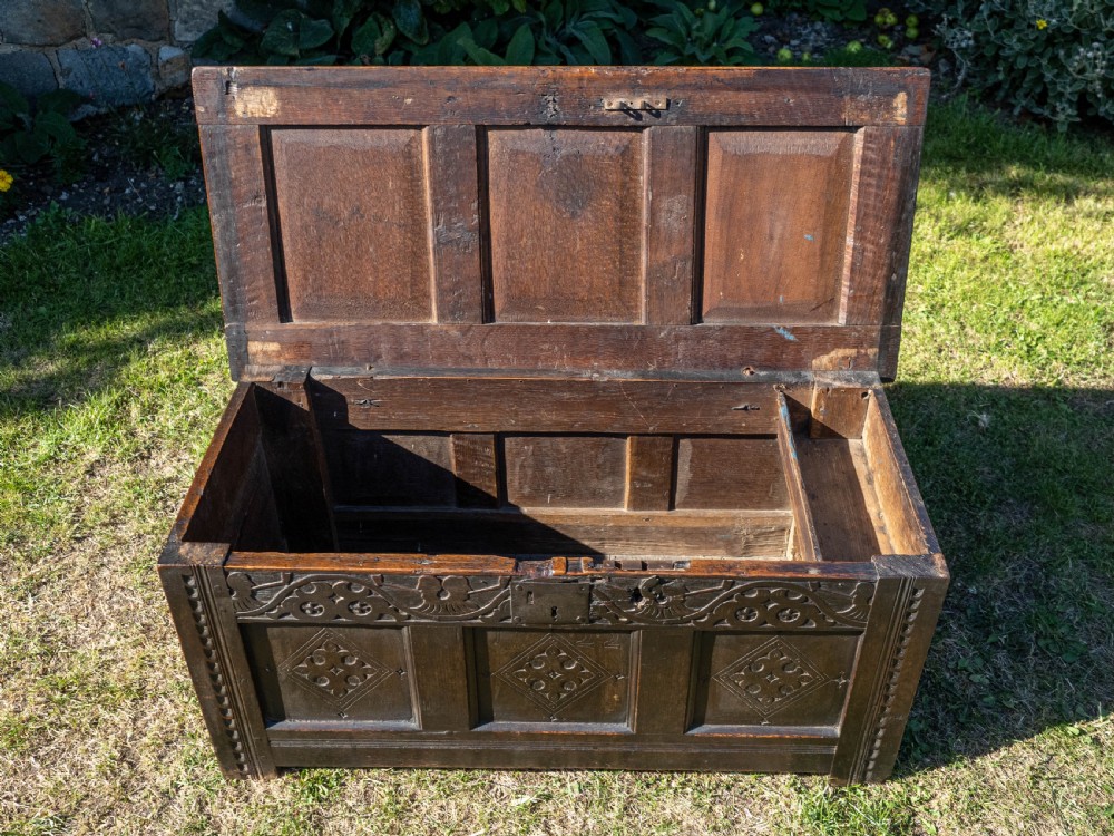 Yorkshire Small Carved Oak Panelled Coffer Dated 1722 View XII