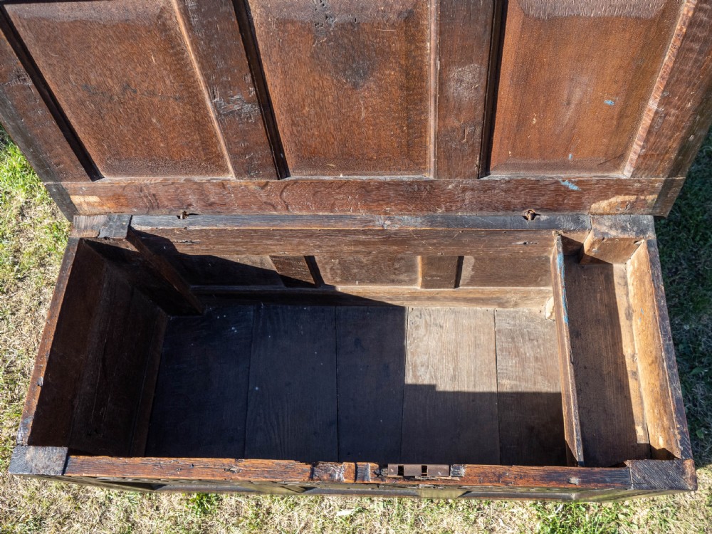 Yorkshire Small Carved Oak Panelled Coffer Dated 1722 View XIII
