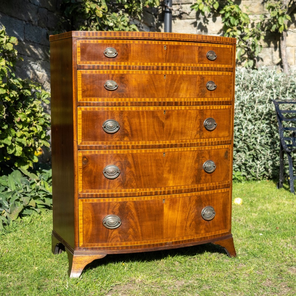 Georgian Style Bow Front Crossbanded Mahogany 5 Height Chest of Drawers C1900
