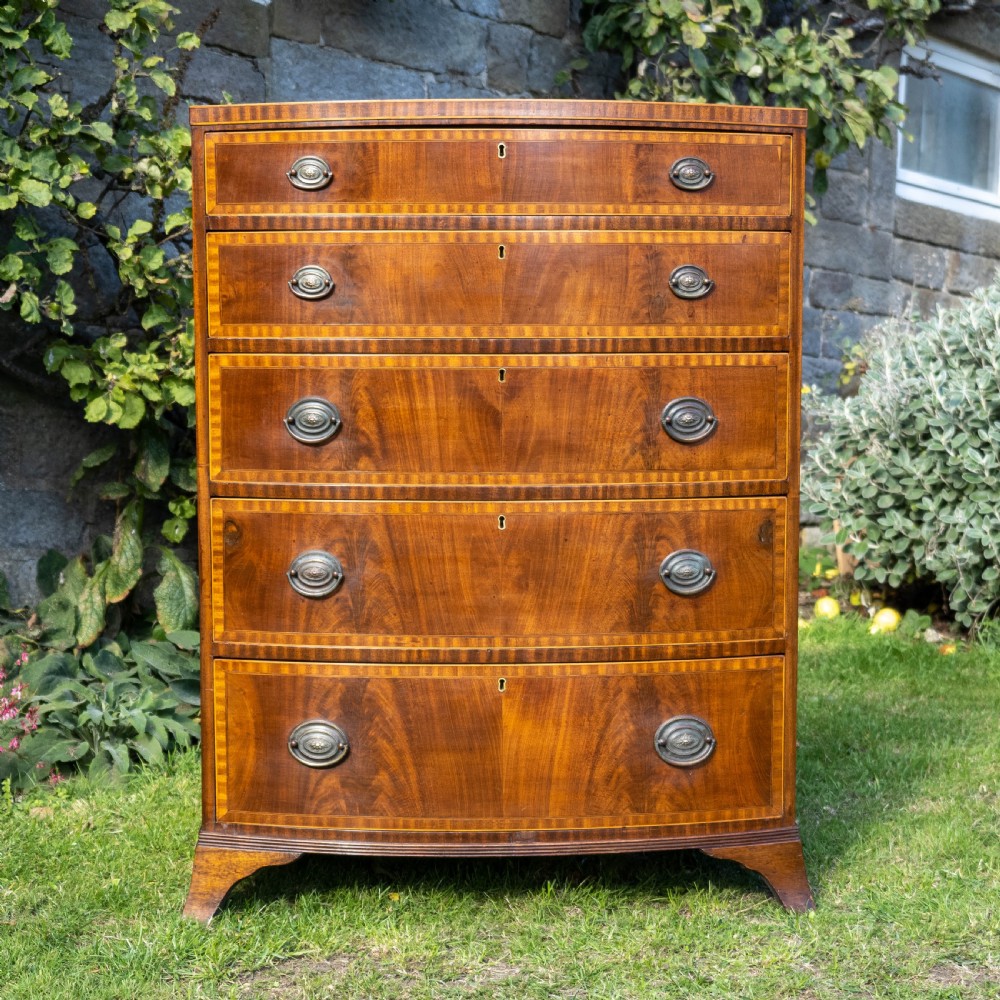Georgian Style Bow Front Crossbanded Mahogany 5 Height Chest of Drawers C1900 View II