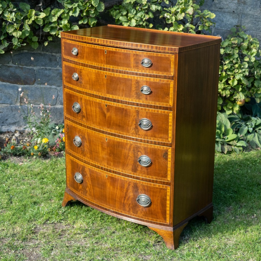 Georgian Style Bow Front Crossbanded Mahogany 5 Height Chest of Drawers C1900 View III