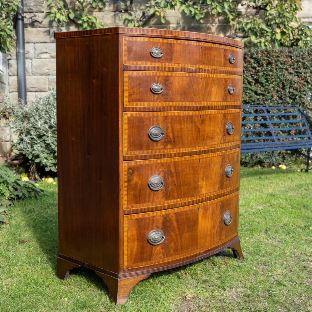 Georgian Style Bow Front Crossbanded Mahogany 5 Height Chest of Drawers C1900 View V