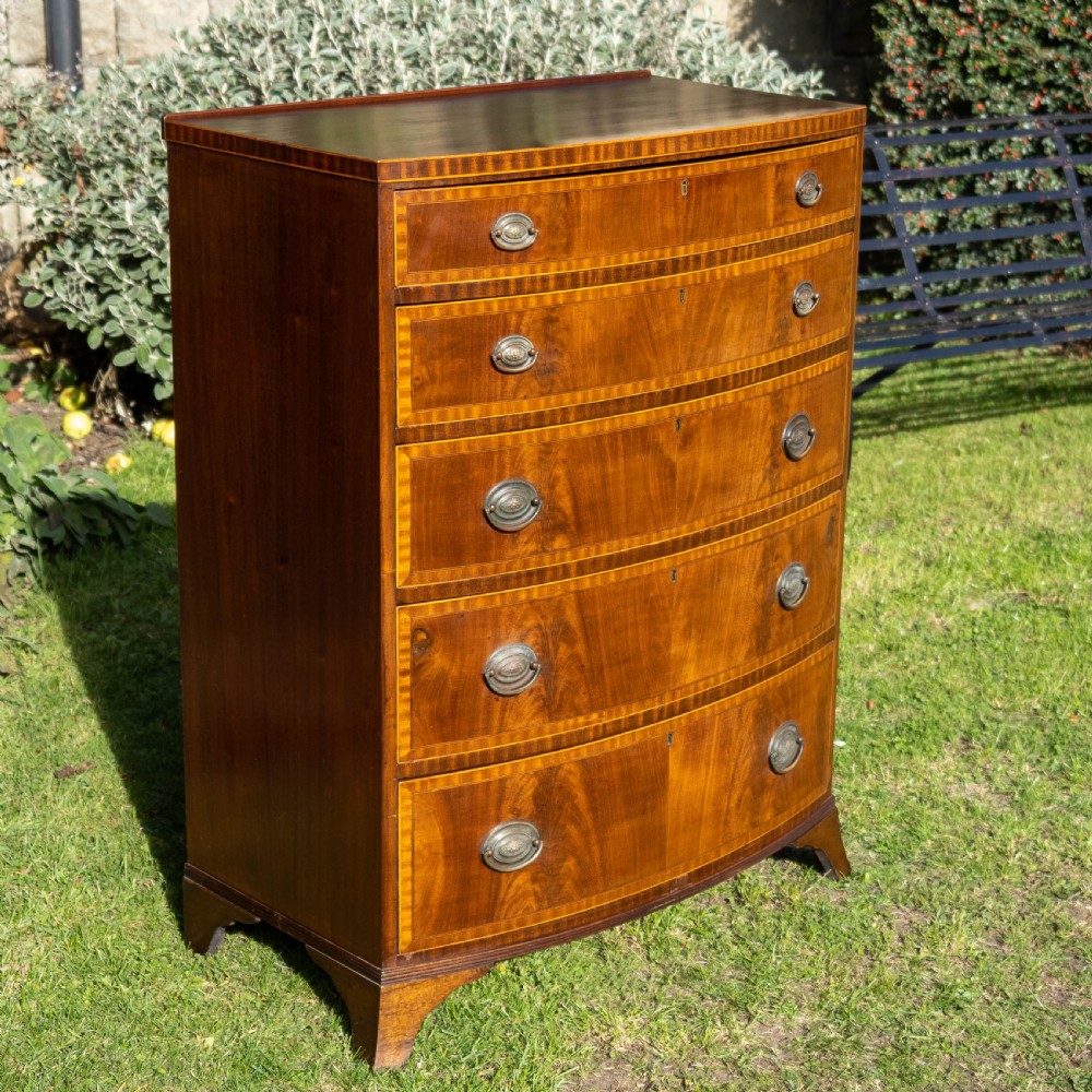 Georgian Style Bow Front Crossbanded Mahogany 5 Height Chest of Drawers C1900 View VIII