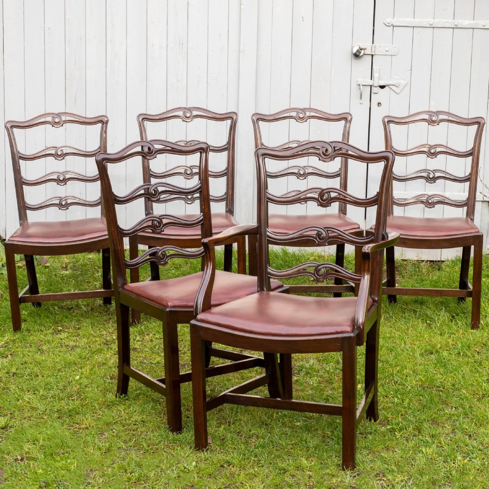 Chippendale Revival Set of 6 Mahogany & Leather Upholstered Dining Chairs