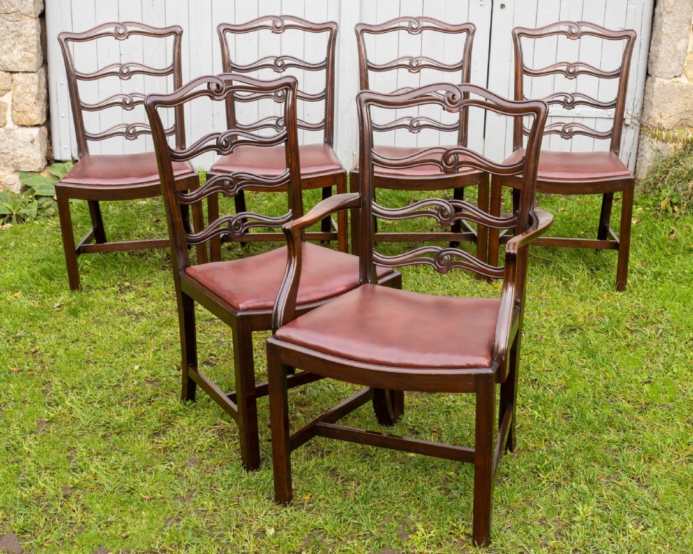 Chippendale Revival Set of 6 Mahogany & Leather Upholstered Dining Chairs View II