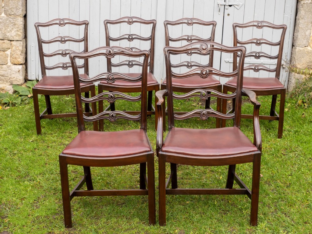 Chippendale Revival Set of 6 Mahogany & Leather Upholstered Dining Chairs View III
