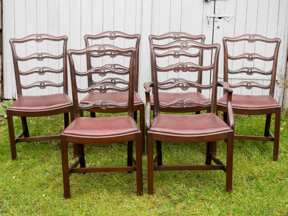 Chippendale Revival Set of 6 Mahogany & Leather Upholstered Dining Chairs View IV