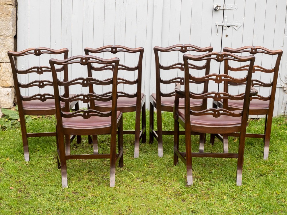 Chippendale Revival Set of 6 Mahogany & Leather Upholstered Dining Chairs View VI