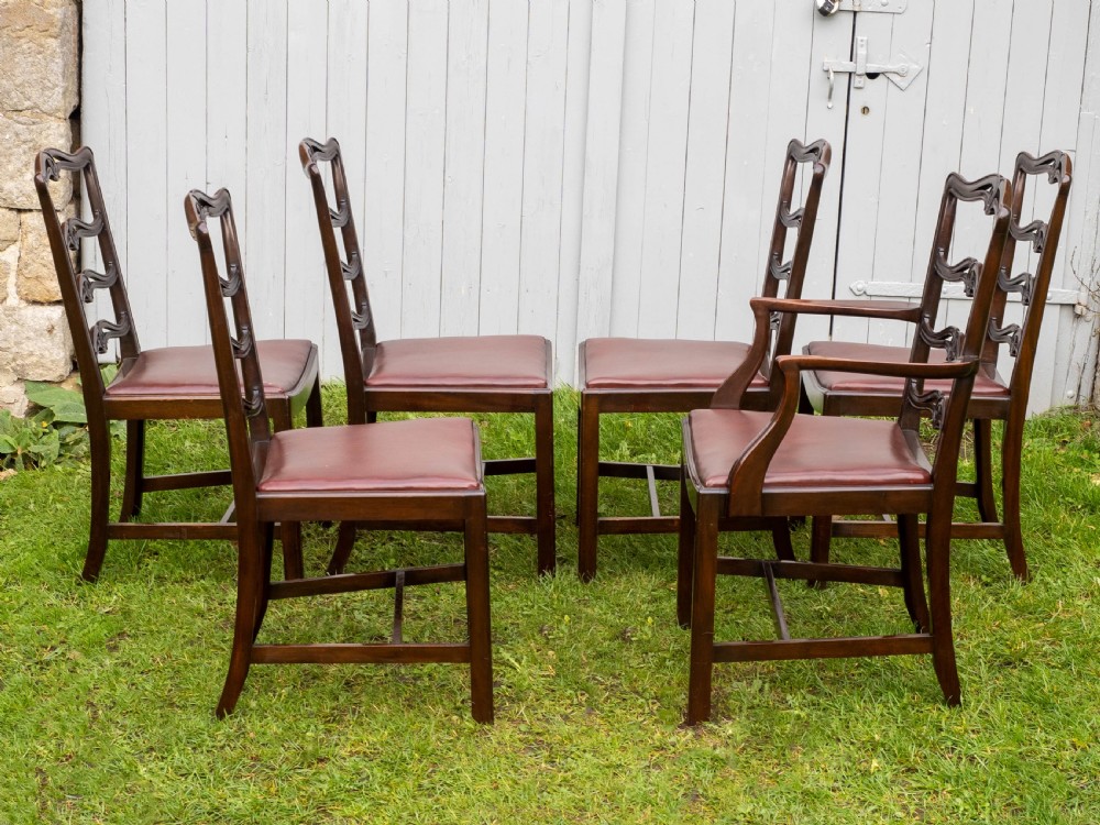 Chippendale Revival Set of 6 Mahogany & Leather Upholstered Dining Chairs View VII