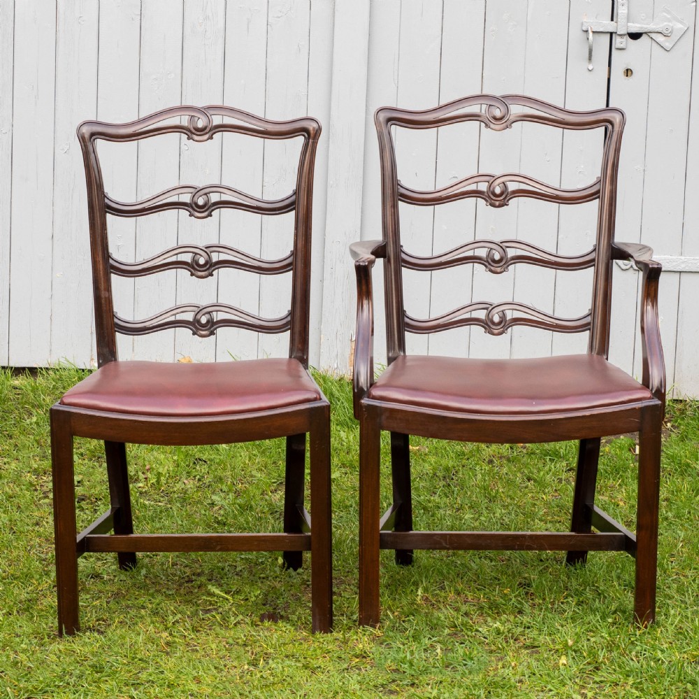 Chippendale Revival Set of 6 Mahogany & Leather Upholstered Dining Chairs View X
