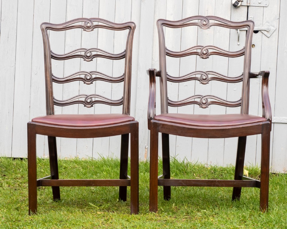 Chippendale Revival Set of 6 Mahogany & Leather Upholstered Dining Chairs View XI