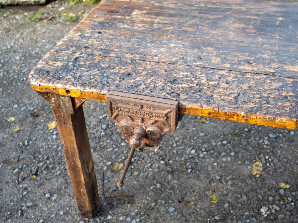 Reclaimed Timber Early C20th Workbench / Industrial Table with Vice View II