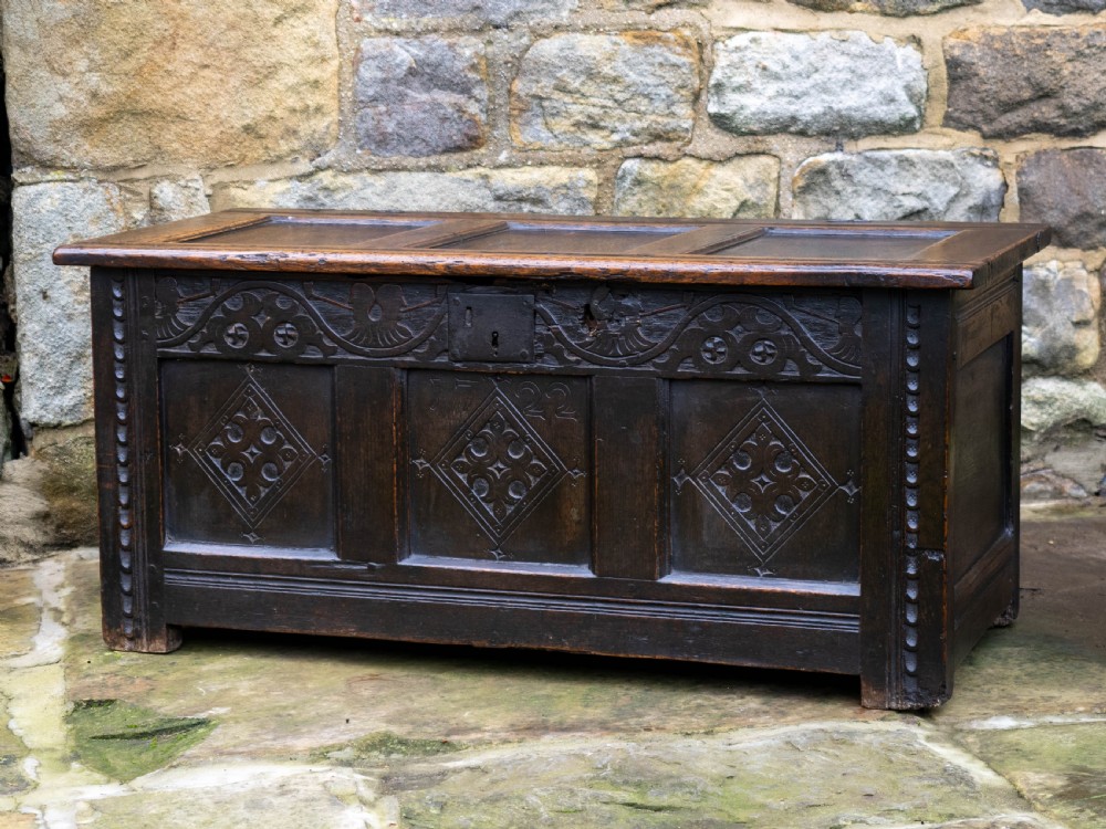 George I Oak Small Panelled Carved Yorkshire Coffer C1722 (Chest or Kist) View II