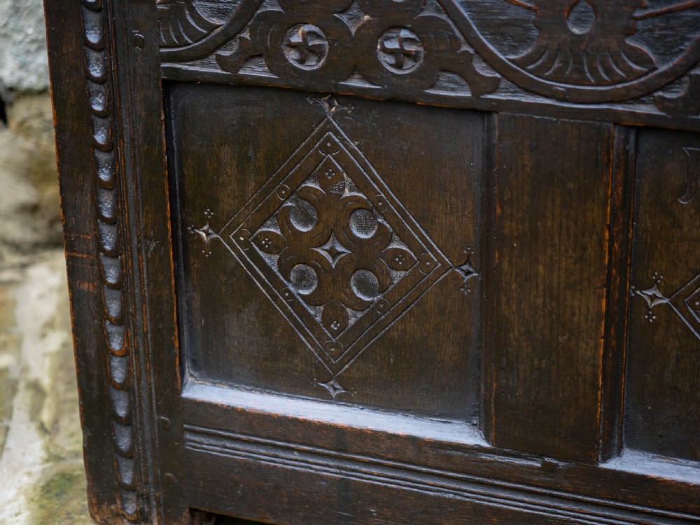 George I Oak Small Panelled Carved Yorkshire Coffer C1722 (Chest or Kist) View VI