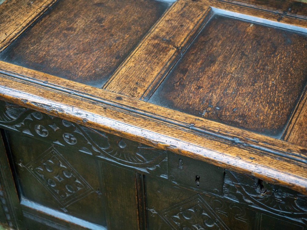 George I Oak Small Panelled Carved Yorkshire Coffer C1722 (Chest or Kist) View VII