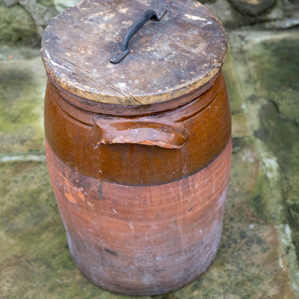 C19th Large Rustic Earthenware Storage Jar / Bread Crock with Lid View XII
