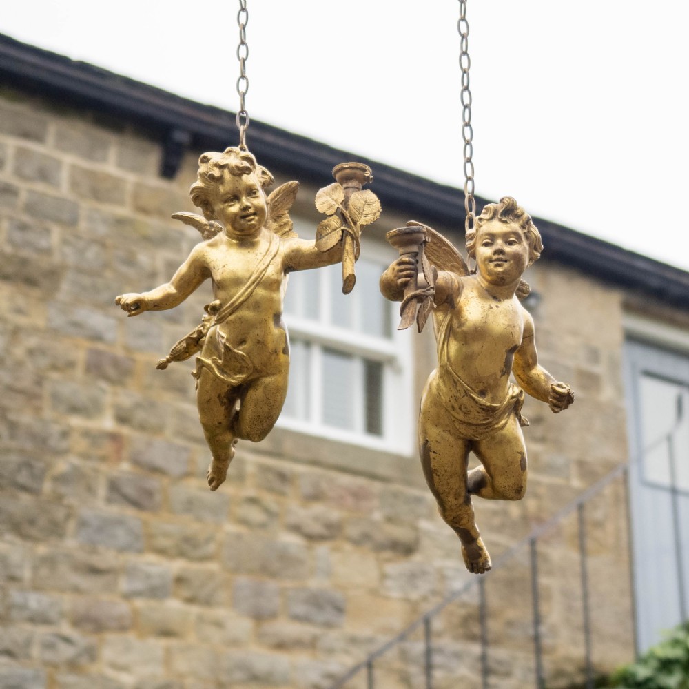 Antique Pair of Cherub Gilt Bronze Light Pendants Early C20th