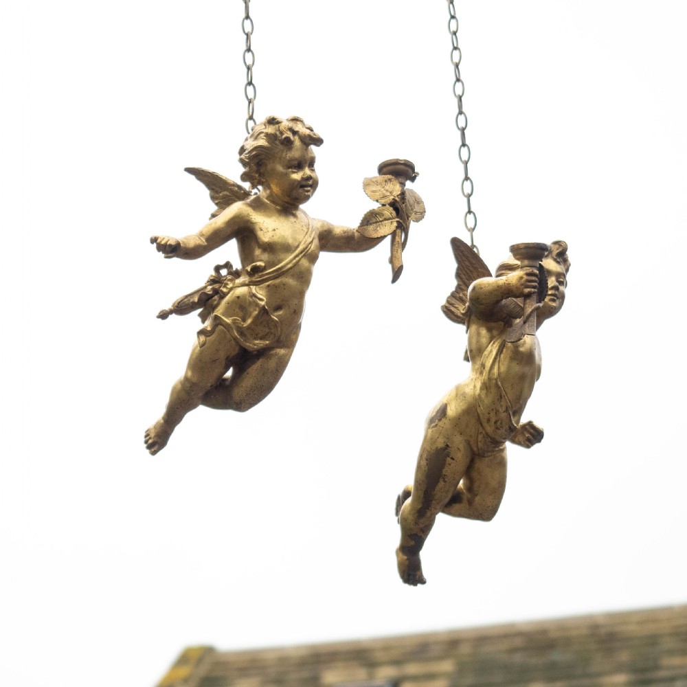 Antique Pair of Cherub Gilt Bronze Light Pendants Early C20th View V