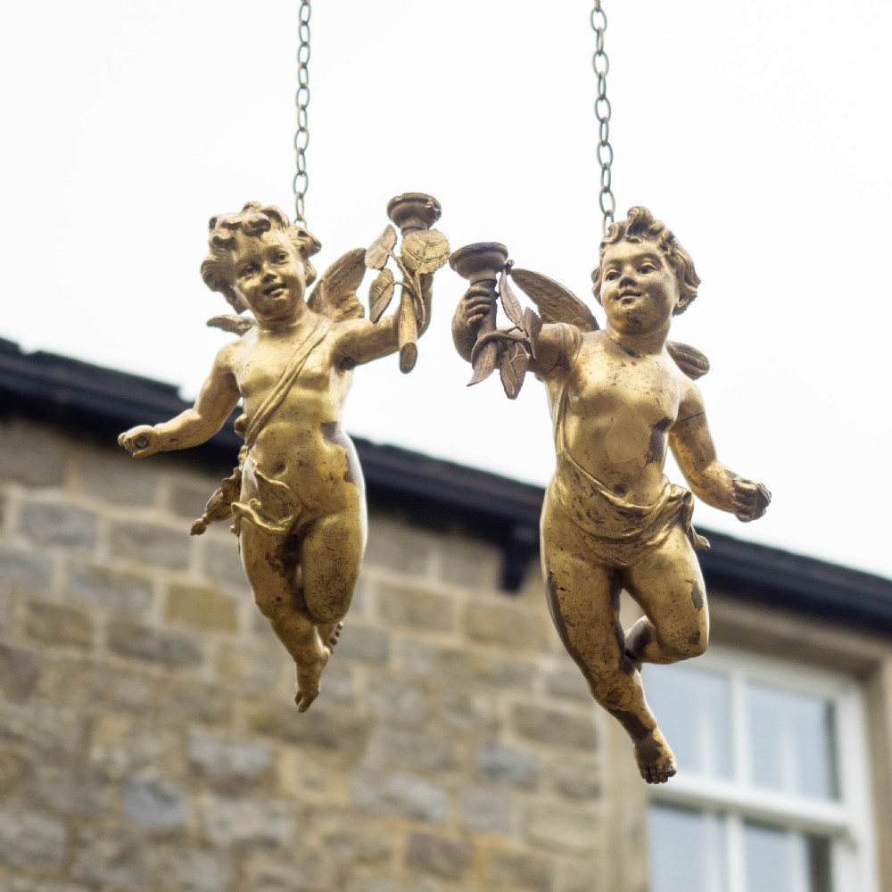 Antique Pair of Cherub Gilt Bronze Light Pendants Early C20th View VI