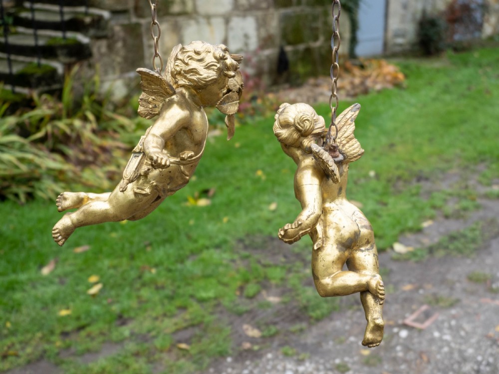 Antique Pair of Cherub Gilt Bronze Light Pendants Early C20th View VII
