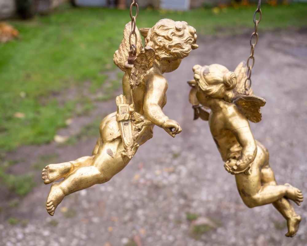 Antique Pair of Cherub Gilt Bronze Light Pendants Early C20th View VIII