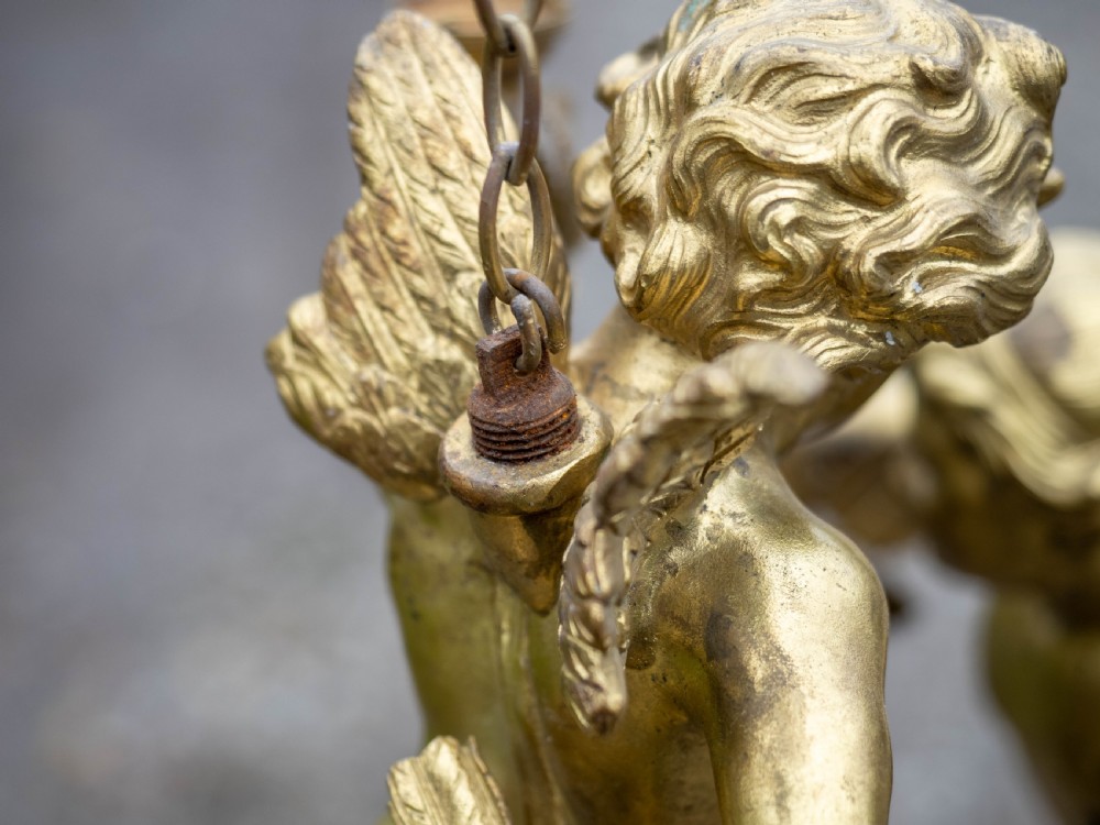 Antique Pair of Cherub Gilt Bronze Light Pendants Early C20th View XII