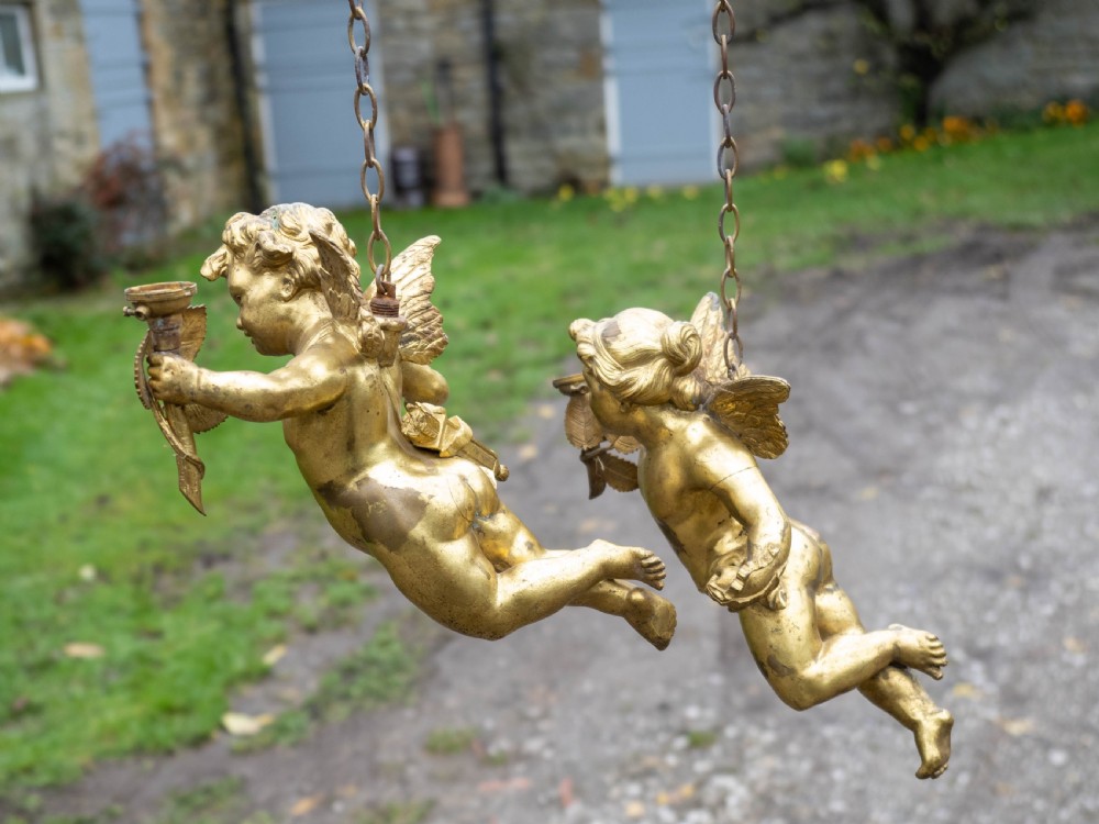 Antique Pair of Cherub Gilt Bronze Light Pendants Early C20th View XIII