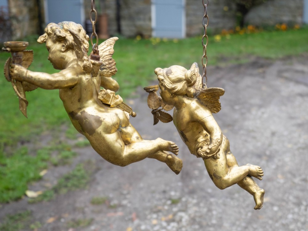 Antique Pair of Cherub Gilt Bronze Light Pendants Early C20th View XIV
