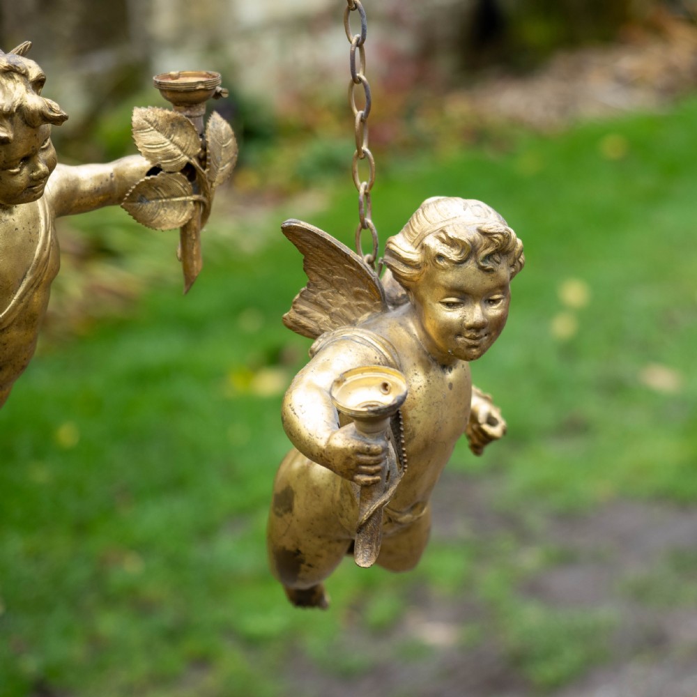 Antique Pair of Cherub Gilt Bronze Light Pendants Early C20th View XV