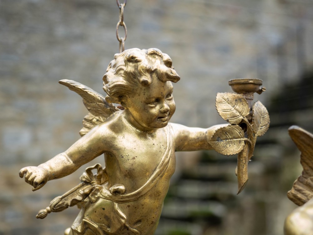 Antique Pair of Cherub Gilt Bronze Light Pendants Early C20th View XVI