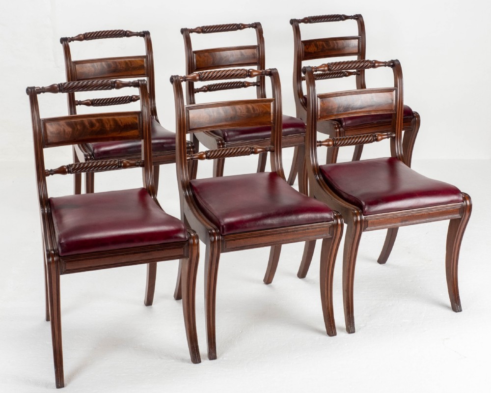 Regency Mahogany Leather Set of 6 Rope Back Dining Chairs (Georgian) View III
