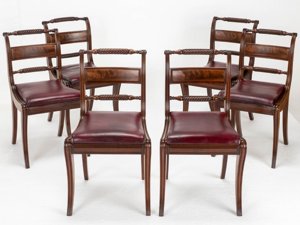 Regency Mahogany Leather Set of 6 Rope Back Dining Chairs (Georgian) View V