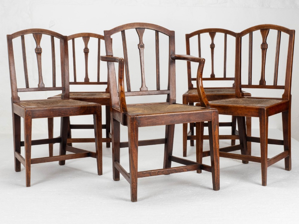 Georgian Elm Sheraton Vernacular Country Set of 5 Dining Chairs & Carver (George III)
