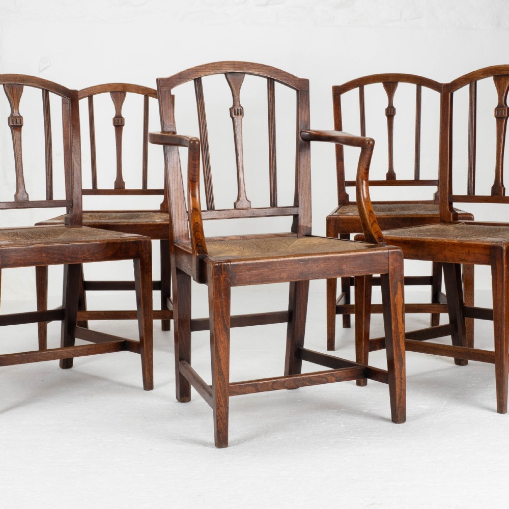 Georgian Elm Sheraton Vernacular Country Set of 5 Dining Chairs & Carver (George III) View II