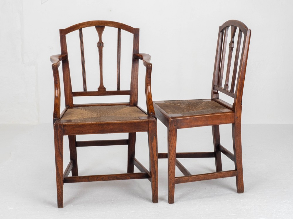 Georgian Elm Sheraton Vernacular Country Set of 5 Dining Chairs & Carver (George III) View X