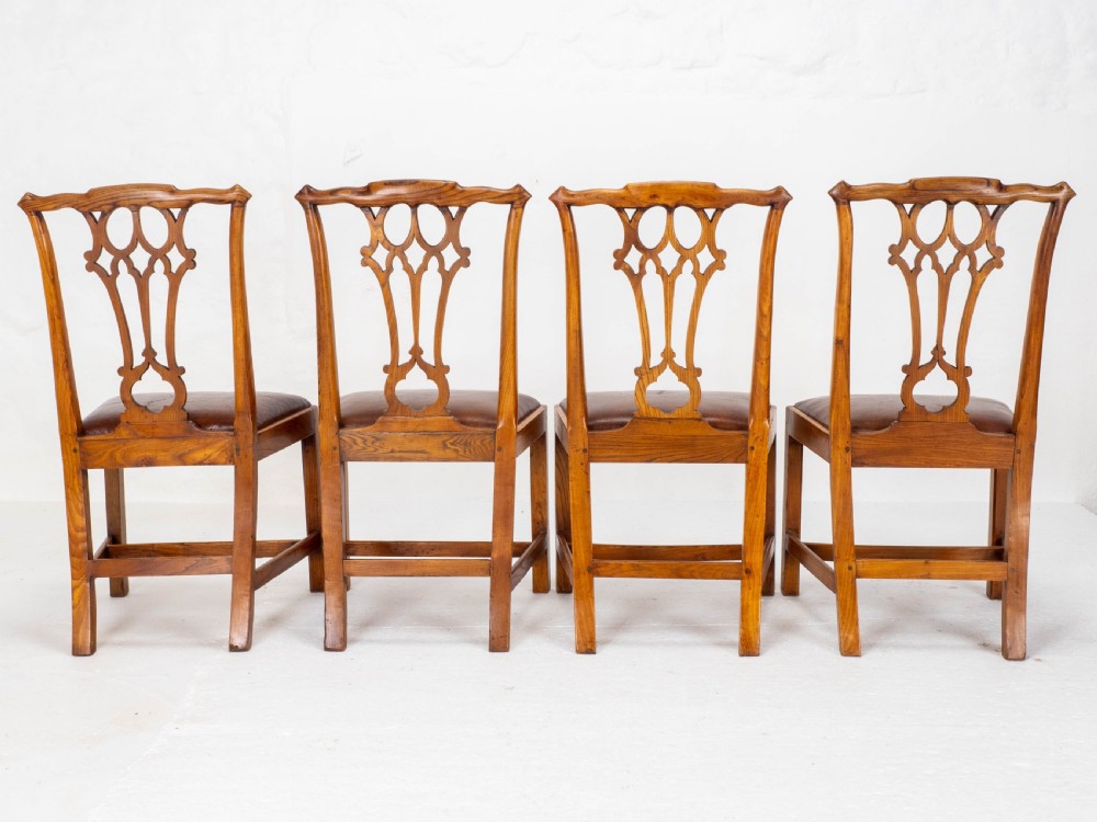 Georgian Chippendale Country Vernacular Style Elm & Leather Set of 4 Dining Chairs View VIII